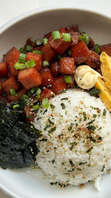 Spam Rice And Seaweed Bowl, Spam Musubi Rice Bowl, Spam Bowl, Musubi Bowl, Spam Musubi Bowl, Spam Fried Rice Recipe, Rice Seaweed, Spam Fried Rice, Non Stick Frying Pan