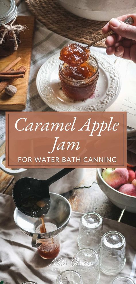 Capture the essence of apple season with homemade caramel apple jam! This rich, amber-colored jam is perfect for drizzling on French toast or spooning over ice cream. Get the recipe and enjoy a taste of fall anytime. Jam For Canning, Caramel Apple Jam, Homemade Caramel Apple, Caramel Apples Homemade, Apple Jam, How To Make Caramel, Water Bath Canning, Apple Season, Glass Home