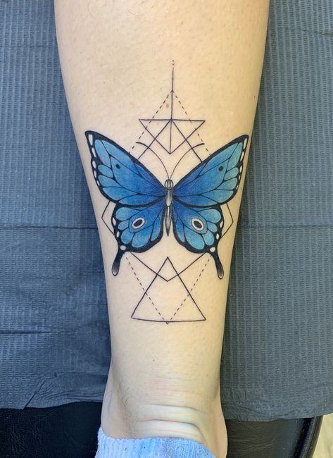 Morpho Butterfly Tattoo, Geometric Butterfly Tattoo, Geometric Tattoo Butterfly, Epic Tattoos, Jiggly Puff, Butterfly Thigh Tattoo, Small Geometric Tattoo, Grasshopper Rhino, Butterfly Tattoo Ideas