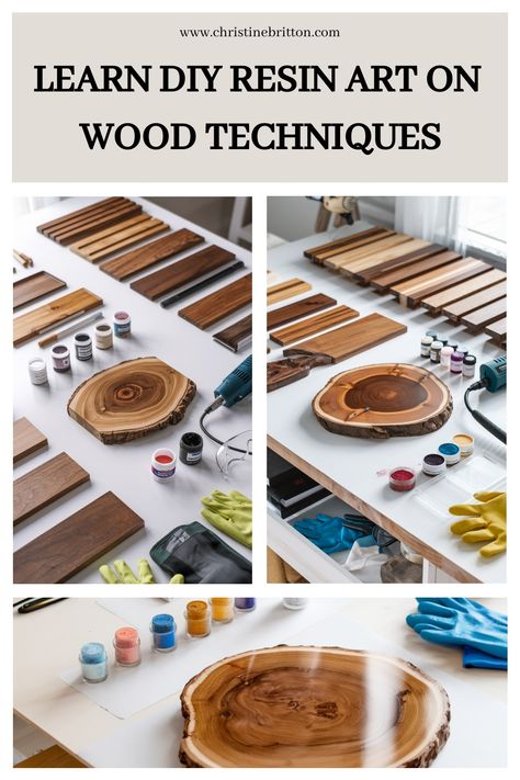 Learn DIY resin art on wood with various supplies and tools displayed. Diy Resin Wood Projects, How To Use Epoxy Resin On Wood, How To Use Resin For Beginners, Resin And Wood Crafts, Diy Resin Art For Beginners, Wood Epoxy Projects, Wood Art Ideas, Resin Art On Wood, Resin In Wood