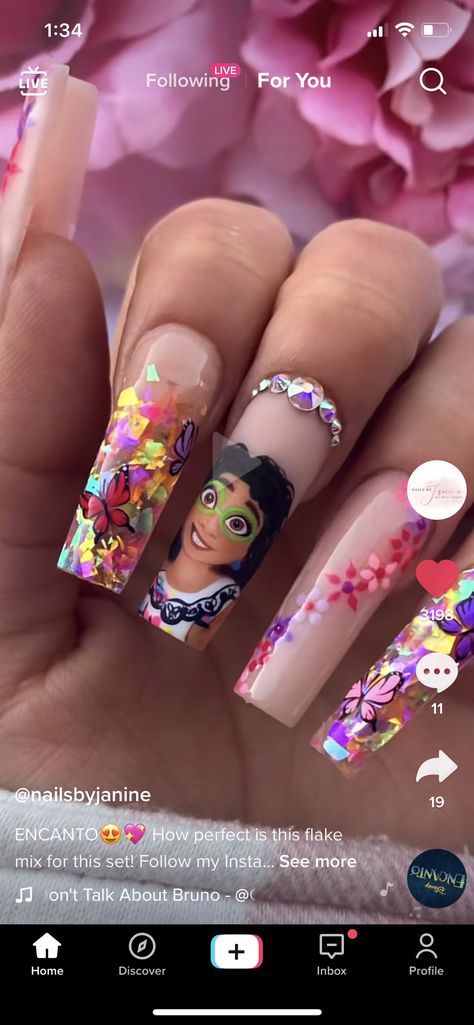 Isabella Encanto Nails, Encanto Nail Art, Encanto Nails Designs, Encanto Nails, Tangled Nails, Disney Nail Designs, 4 Birthday, Cute Nail Art Designs, Nail Art Disney