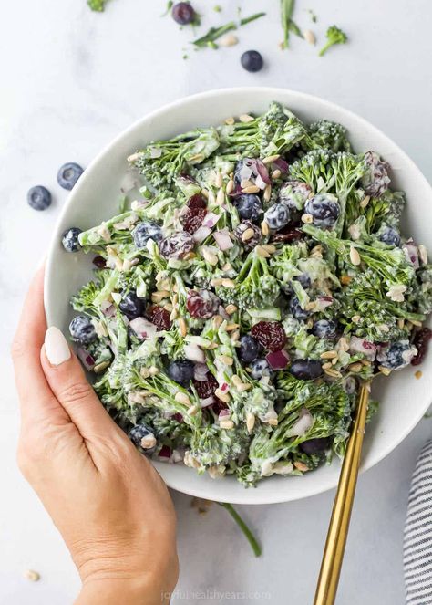 Loaded with juicy blueberries, crunchy broccolini, nutty sunflower seeds and more, this Superfood Salad is a healthy side dish you'll want to make a million times and then some. It's tossed with a light and tangy yogurt dressing to tie it all together! Broccolini Salad Recipe, Broccolini Salad, Filling Salad Recipes, Maple Glazed Salmon, Easy Potato Salad, Superfood Salad, Yogurt Dressing, Easy Salmon Recipes, Glazed Salmon