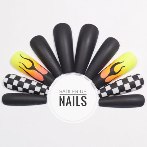 GET THE PROFESSIONAL LOOK WITHOUT THE TIME, DAMAGE, OR COMMITMENT Sleek black matte set with flaming fire and checker board accent nails. You will definitely wow friends with these nails. All hand painted using neon pigments from Daily Charm and black gel paint from Akzentz. The set comes matte however you can select glossy in the notes at checkout. *For custom please enter your sizing at the checkout from thumb to pinky for each hand. *Scroll down on homepage to see differences in length, shape Painted Flames, Fall Acrylic, Gel Paint, Fire Flames, Checker Board, Orange Wood, Wood Sticks, Toe Nail Art, Manicure At Home