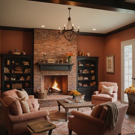 ⚠️LINK IN BIO⚠️ A cozy traditional family room with a brick fireplace, classic armchairs, and a warm color palette for a welcoming and comfortable space. #FamilyRoom #Traditional #BrickFireplace #ClassicArmchairs #WarmColors Red Fireplace Living Room, Living Room Red Brick Fireplace, Brick Fireplace Living Room, Traditional Brick Fireplace, Living Room With Brick Fireplace, Fireplace Classic, Modern Cottage Core, Red Brick Fireplaces, Warm Color Palette