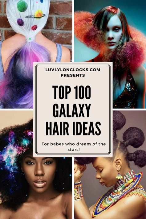 Want to style your hair in a galaxy theme? Check out the top 100 galaxy hairstyles at LuvlyLongLocks.com. Outer Space Hairstyles, Cosmic Hairstyles, Space Themed Hairstyles, Galactic Hairstyles, Galactic Hair, Galaxy Hairstyles, Space Hairstyles, Space Bun Hairstyles, Galactic Glam