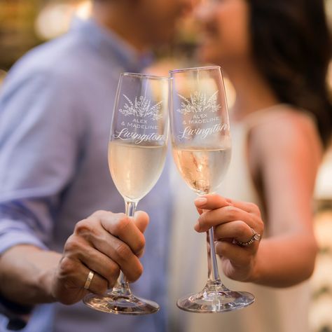 "ETCHED AND PERSONALIZED CHAMPAGNE FLUTES One personalized etched glass for newlyweds or as a wedding established gift for couples. Each champagne glass is laser etched for an elegant and permanent look that is dishwasher safe. Perfect for toasting glasses and wedding gifts. Husband and wife both will adore these glasses long after the big day. Prosecco or Champagne, who cares?! Bubbles make everything better. 🤩 CUSTOM DESIGN 🤩 Want to add anything extra, change the font or have a completely c Mr And Mrs Champagne Glasses, Engagement Cricut, Wedding Utensils, Gifts Husband, Glasses Design, Bride And Groom Glasses, Wedding Champagne Glasses, Personalized Champagne Flutes, Toasting Glasses