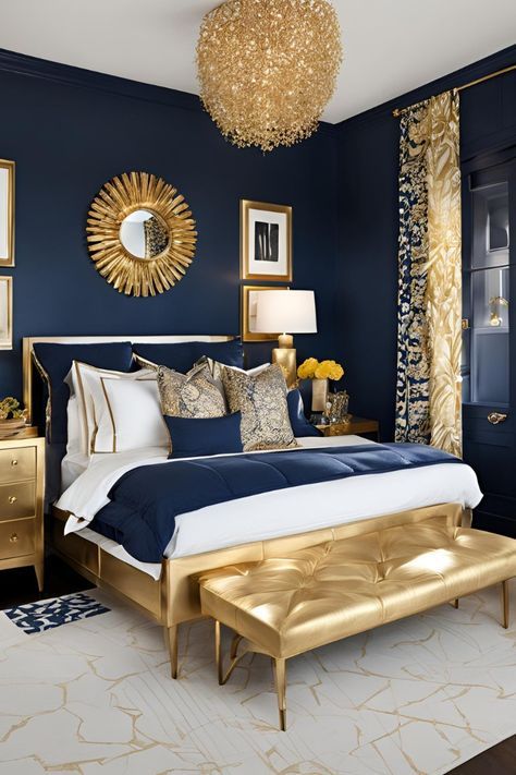 Blue Gold Bedroom Decor, Navy And Gold Bedroom Decor, Navy Blue And Gold Bedroom, Navy And Gold Bedroom, Blue And Gold Bedroom Ideas, Navy Gold Bedroom, Gold Accents Bedroom, Royal Blue Bedrooms, Navy Blue Bedroom Ideas