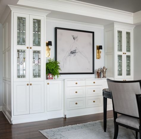 Interior Design by Kelie Grosso - Maison Luxe Built In With Wine Storage, Built In Shelves Living Room With Glass Doors, Dining Area Cabinet Design, Breakfast Room Built Ins, Wall Cabinet Dining Room, Cream Built Ins, Dining Room Wall Units Built Ins, Built In Bar Area, Built In Hutch Dining Room