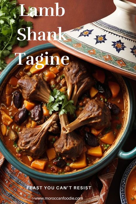 Discover the rich and flavorful lamb shank tagine, a traditional Moroccan dish slow-cooked with spices, vegetables, and dried fruits.meat tagine How To Cook In A Tagine, Moroccan Lamb Shanks, Moroccan Dish, Lamb Tagine Recipe, Moroccan Tagine Recipes, Moroccan Lamb Tagine, Lamb Tagine, Lamb Shank, Tagine Recipes