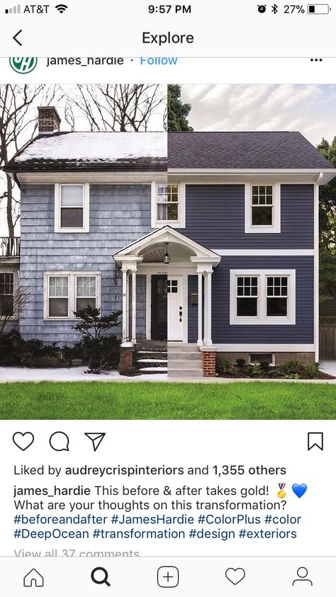 Siding Ideas Exterior Colonial, Traditional Colonial House Exterior, Blue House White Trim, Colonial Revival Exterior, Navy Blue Houses, Vinyl Exterior Siding, Exterior House Siding, Covered Entry, Colonial House Exteriors