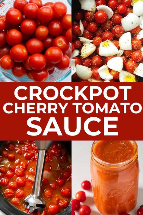 Slow Cooker Cherry Tomato Sauce recipe that's creamy and easy to make! Throw all your fresh garden ingredients into the crockpot and cook. This is a delicious sauce to serve as is, can or freeze. Cherry Tomato Crockpot Sauce, Crock Pot Pizza Sauce Fresh Tomatoes, Slow Cooker Cherry Tomato Sauce, Cherry Tomato Crockpot Recipes, Fresh Tomato Sauce Homemade, Freezing Cherry Tomatoes, Preserve Vegetables, Tomato Sauces, Tomato Pizza Sauce