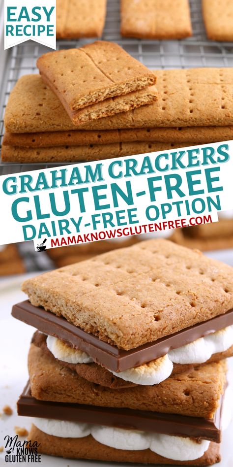 Gluten free graham crackers on a baking sheet and s’mores on a white plate. Gluten Free Graham Cracker Recipe, Mama Knows Gluten Free, Gluten Free Dairy Free Dessert, Graham Cracker Recipes, Gluten Free Graham Crackers, Gluten Free Crackers, Homemade Graham Crackers, Pan Sin Gluten, Gluten Free Cookie Recipes