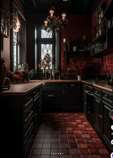 Whimsigoth Room, Black Kitchen Ideas, Goth Houses, Goth Kitchen, Gothic Kitchen, Kitchen Ideas Dark Cabinets, Kitchen Ideas Dark, Dark Kitchen, Goth Home Decor