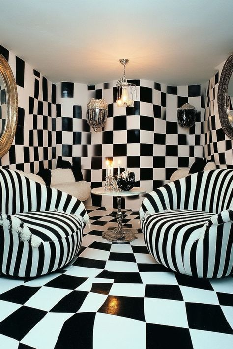 Add a playful twist with checkerboard decor in stylish patterns and colors. #CheckerboardDecor #FunSpaces #ModernDesign Space Wall Art, Checkerboard Pattern, Modern Interiors, Checkered Pattern, Retro Inspired, Modern Vintage, Tablecloths, Say Goodbye, Modern Interior