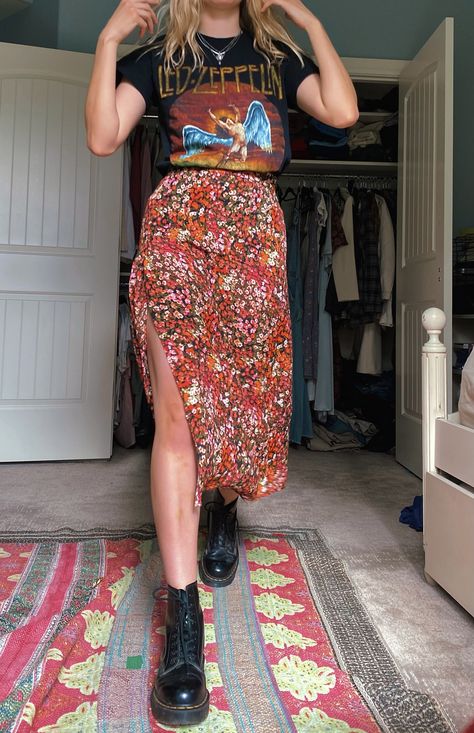 Band Shirt Maxi Skirt, Floral Skirt Graphic Tee Outfit, Graphic Tee Midi Skirt, Midi Skirt And Band Tee Outfit, Dress Up Band Tee, Floral Long Skirts Outfit, Floral Skirt Graphic Tee, Graphic Tee And Skirt Outfit Fall, Floral Skirt With Graphic Tee