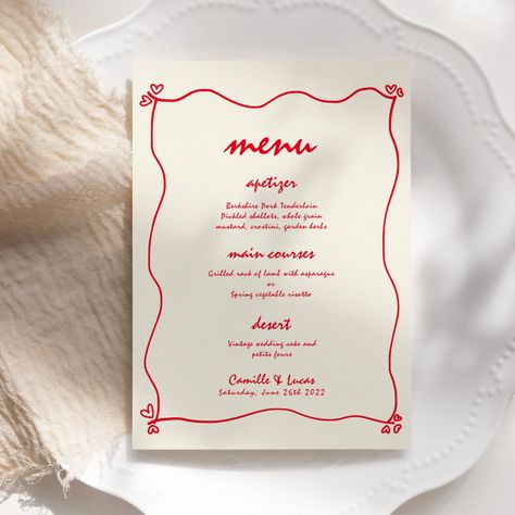 Introducing our Retro Handwritten Whimsical Red Wedding Menu, a delightful addition to your wedding reception. Designed to complement our Retro Handwritten Whimsical Red Wedding theme, this menu card adds a playful and vintage-inspired touch to your table settings.  The handwritten design on the menu exudes charm and personality, inviting your guests to savor the culinary delights of your special day. The whimsical red color palette adds a pop of color and sets the tone for a fun and festive cel Custom Menu Design, Handwritten Menu Wedding, Wedding Menu Ideas Design, Wine Color Wedding Theme, Christmas Menu Card, Party Planner Business, Wedding Personal Touches, Christmas Menu Design, Dutch Wedding