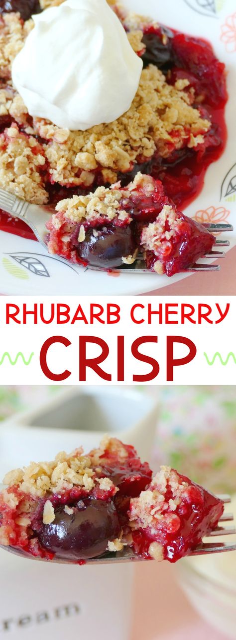 This heavenly spring and summer dessert has delicious chunks of rhubarb and whole sweet cherries to go with the oatmeal crisp topping! It's unique, easy to make and a family favorite! Top with whipped cream or ice cream for an extra treat! Try using different fruit and jello combos with the rhubarb for a new twist every time! Cherry Rhubarb, Rhubarb Rhubarb, Breakfast Desserts, Oatmeal Crisp, Easy Homemade Biscuits, Crisp Topping, Crisp Desserts, Easy Homemade Desserts, Desserts Fruit