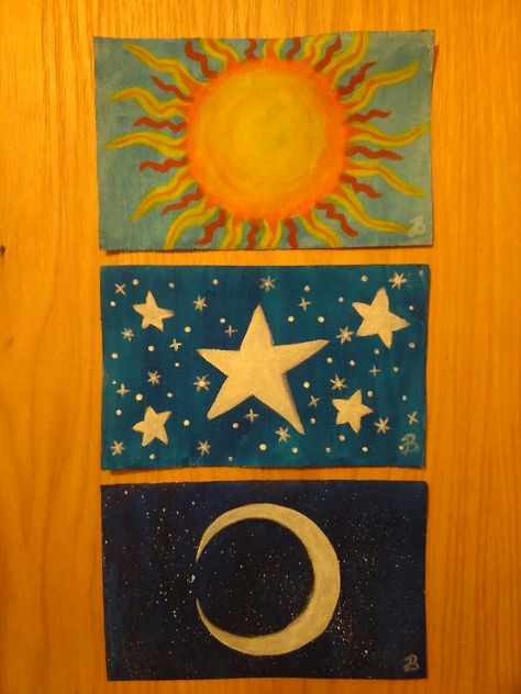 Sun Moon Stars Painting, Sun Moon Painting Easy, Trio Canvas Painting Ideas, Trio Painting Ideas, Tarot Lessons, Star Painting, Christmas Painting, Stars Moon, Moon Painting