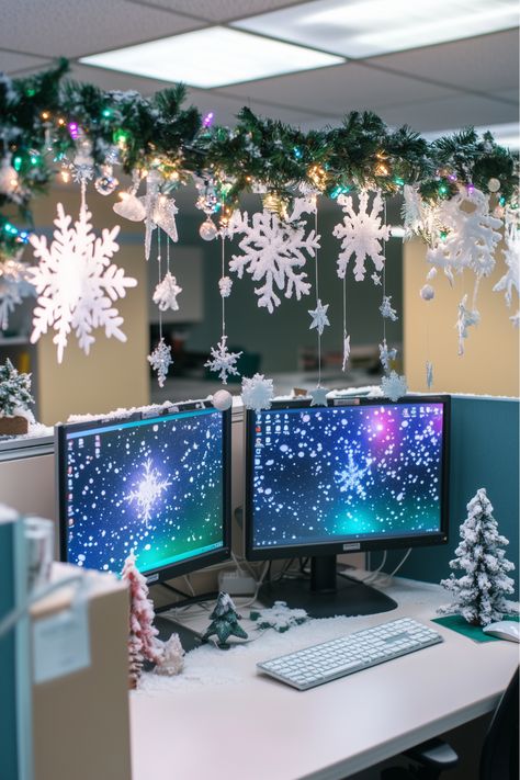 Transform your office cubicle into a magical Winter Wonderland with shimmering snowflakes, faux snow, and elegant white and silver decor. Doesn’t the idea of paper icicles and frosty accents sound like a perfect way to bring the outdoors inside? Let your workspace dazzle with these stunning ideas! Winter Desk Decorations, Office Winter Wonderland Decorating Ideas, Winter Wonderland Office Decor, Winter Wonderland Cubicle, Work Christmas Decorations Office, Winter Wonderland Cubicle Ideas, Winter Wonderland Decorations Office, Winter Wonderland Office Decorations, Christmas Decor For Office At Work