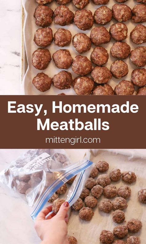 Fantastic for meal prep, this recipe makes aprox 5 dozen meatballs, which freeze easily and are great to have on hand for quick weeknight meals. Meatball Recipes To Freeze, Homemade Meatballs To Freeze, Homemade Frozen Meatballs, How To Freeze Meatballs, Make Ahead Meatballs To Freeze, Costco Meatballs Recipes, Meatballs To Freeze, Freeze Meatballs, Frozen Meatballs Recipe