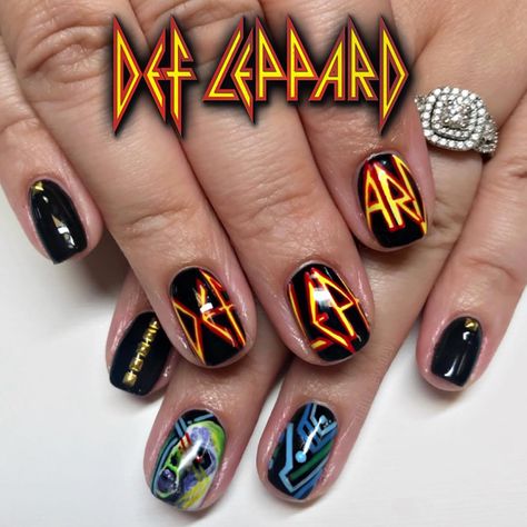 𝕯𝖊𝖛𝖎𝖓 𝕾𝖙𝖗𝖊𝖇𝖑𝖊𝖗 on Instagram: “. 🤟🏻⚡️DEF LEPPARD⚡️ 🤟🏻 Hysteria album cover inspired *swipe left* to see artwork we used for inspiration! So cool, have fun at the concert…” Def Leppard Tattoo Ideas, Motley Crue Nails, Def Leppard Nails, Rock Concert Nail Ideas, Def Leppard Tattoo, Def Leppard Concert Outfit, Rock Concert Nails, Album Cover Nails, Nail Therapy