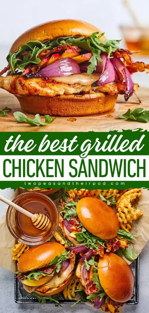 Here's a delicious summer grilling idea for you! This Grilled Chicken Sandwich starts with grilled chicken on a bun with cheese, bacon, and more! It also makes the best 4th of July recipe or Father's Day dinner idea! Lunch On The Grill, Grilled Chicken Recipes Sandwich, Healthy Grilled Dinner Recipes, On A Bun Dinner, Grilled Chicken For Sandwiches, Grilled Chicken Sliders Recipes, Best Grilled Chicken Sandwich Marinade, Weekend Grilling Dinner Ideas, Grilled Chicken Club Sandwich Recipes