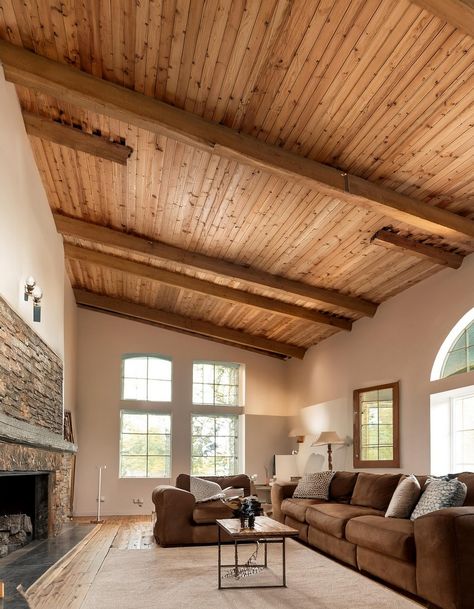 Wood Plank Ceiling Wood Ceilings Vaulted, Wood Beams On Ceiling Bedroom, Tongue And Groove Ceiling Vaulted, Dark Wood Ceiling Kitchen, Bead Board Ceiling Living Room, Wood Celing Roof Design, Natural Pine Ceiling, Wood Planks On Ceiling, Wood Ceilings Ideas