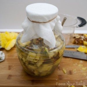 vinegar made from fruit scraps?! i think yes! pineapple vinegar. Curtido Recipe, Pineapple Vinegar, Wine Recipes Drink, How To Make Vinegar, Kitchen Scraps, Fermentation Recipes, Organic Kitchen, Fermented Drink, Homemade Drinks