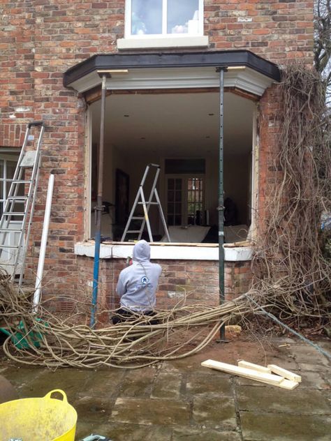 Bay Window To French Doors, French Bay Window, Bay Window Door, Victorian Bay Window, Bay Window Exterior, Old French Doors, Hinged Patio Doors, Door Makeover Diy, Bay Window Curtains