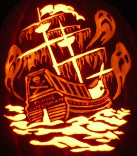 Carved Pumpkin- Here is a Pumpkin Masters pattern I carved for a coworker whose wife wanted a haunted ship pumpkin. Pirate Pumpkin Carving, Pumpkin Carving Pictures, Pumpkin Face Carving, Awesome Pumpkin Carvings, Funny Pumpkin Carvings, Pirate Pumpkin, Haunted Ship, Pumpkin Masters, Halloween Pumpkin Stencils