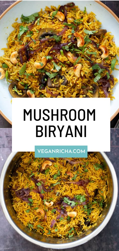 Learn how to make delicious vegan mushroom biryani in the Instant Pot using this easy step-by-step recipe. Mushroom biryani is an amazing vegan version of chicken biryani made with meaty mushrooms, tender fluffy rice, and flavorful spices. This simple mushroom rice recipe is perfect for a delicious weeknight meal. Vegan Biryani Recipe, Indian Mushroom Recipe, Vegan Biryani, Meaty Mushrooms, Mushroom Rice Recipes, Mushroom Biryani, Recipe Mushroom, Instant Pot Easy, Indian Vegan