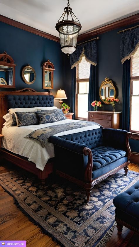 Velvet Blue Bedding, 1800s Bedroom Ideas, Classic House Design Interior Bedroom, Primary Bedroom Bay Window, Dark Blue Romantic Bedroom, Dark Blue Victorian Bedroom, Calm Master Room, Bedroom Ideas Victorian House, Dark Blue And Wood Bedroom