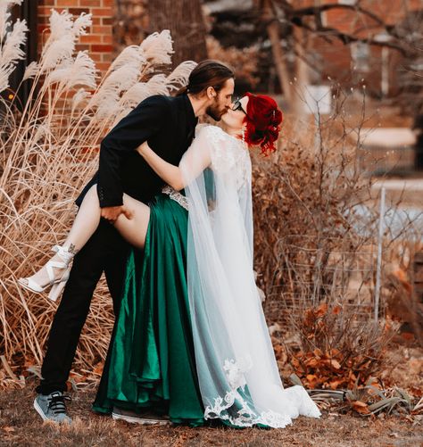 Wedding With Cats, Atheist Wedding, Incorporating Cats In Wedding, Cat Incorporated In Wedding, Lgbtq Wedding Two Brides, Offbeat Wedding, Green Wedding Dresses, Emerald Green Weddings, Surprise Wedding