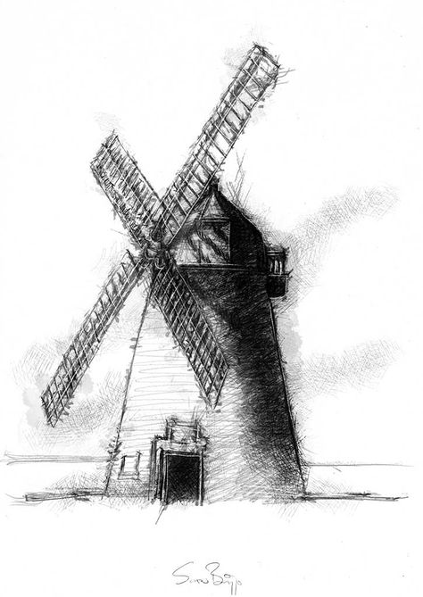 Windmill Sketch, Windmill Drawing, Windmill Tattoo, Pig Sketch, Windmill Art, Old Windmills, Pencil Sketch Drawing, Dutch Windmills, City Drawing