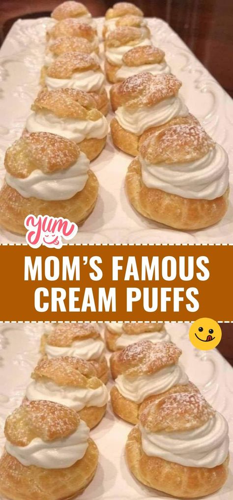 Indulge in the nostalgia of Mom's Famous Cream Puffs. Light and airy pastries filled with luscious cream, they're a delightful treat that brings back sweet memories. #CreamPuffs #HomemadeBaking #ClassicSweets Cream Puffs Recipe Easy, Cream Puff Dessert, Homemade Cream Puffs, Cream Puffs Easy, Cream Puff Filling, Cream Puff Cakes, Puff Dessert, Sweet Custard, Creme Puff