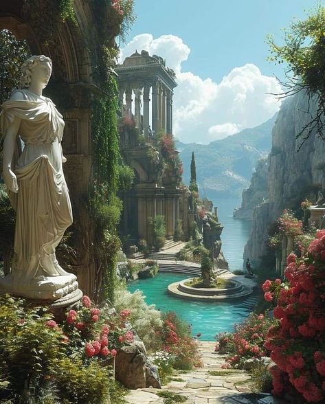 Greek Mythology House, Greek Mythology Places, Greek Mythology Architecture, Blender Diorama, Elf Vibe, Fictional Places, Art Genres, Greek Garden, Fantasy Cities