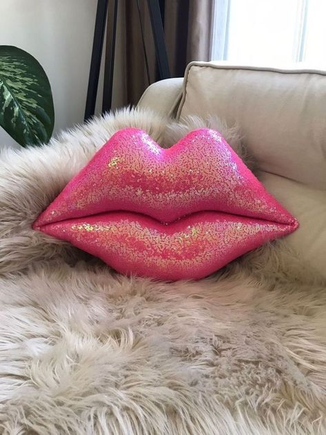 Hot Pink Lip Pillow, Lip Filler Room Decor, Hot Pink Room Aesthetic, All Pink Room, 2000s Home Decor, Hot Pink Room Decor, Lip Pillow, Sequin Pillows, Lips Decor