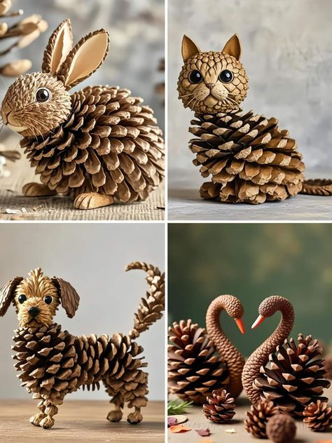 Pinecone Animals Diy, Pinecone Animals, Hand Craft Ideas, Pinecone Owls, Pine Cone Flower Wreath, Pine Cone Flowers, Yard Art Crafts, Pinecone Crafts Christmas, Cone Flowers