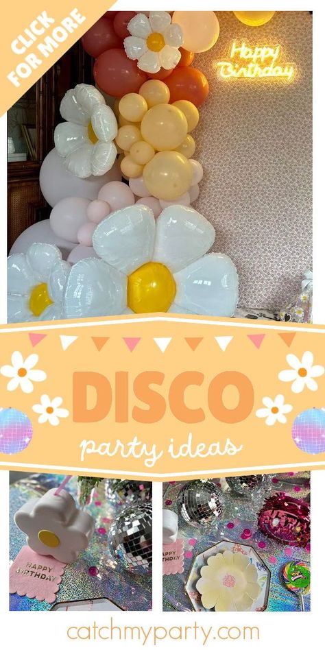 Take a look at this pretty daisy-themed disco birthday party! The table settings are wonderful! See more party ideas and share yours at CatchMyParty.com Retro Party Ideas, Retro Cakes, Activities For Birthday, Rustic Party Ideas, Disco Ball Party, Rustic Cakes, Disco Birthday, Disco Birthday Party, Birthday Party Ideas Themes