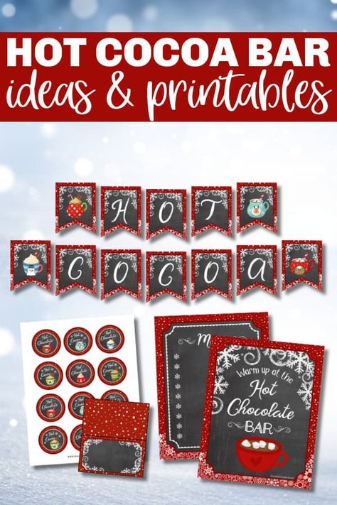 These hot cocoa bar ideas and adorable printables will make your holiday party extra special. Get a free set of hot chocolate bar printables to use. #hotcocoa #hotchocolate #hotcocoabar #printables Hot Cocoa Bar Christmas Free Printables, Hot Cocoa Bar Printables Free Signs, Hot Cocoa Template Free Printable, Hot Chocolate Bar Decorations, Free Printable Hot Cocoa Bar Sign, Diy Hot Chocolate Stand, Hot Cocoa Bar Ideas Christmas Diy, Christmas Hot Chocolate Ideas, Hot Cocoa Bar Labels Free Printable