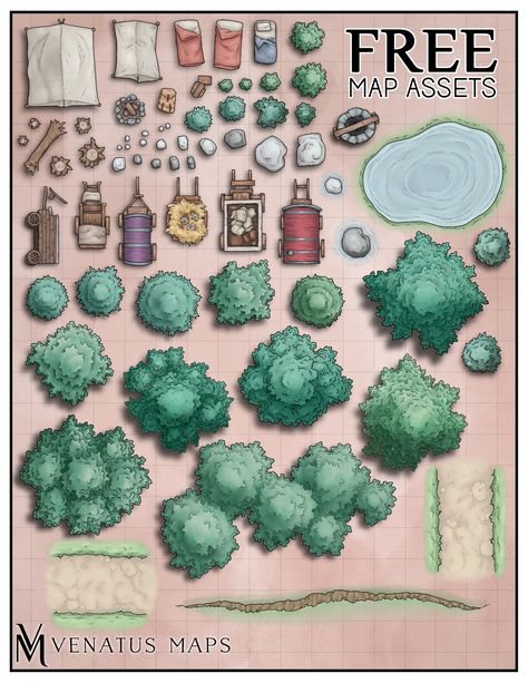 We hit a goal on Patreon, so here's a free pack of 85+ map assets! Map Assets, Fantasy Map Making, Dnd Crafts, Dungeon Tiles, Dnd World Map, Fantasy World Map, Map Icons, Map Maker, Tabletop Rpg Maps