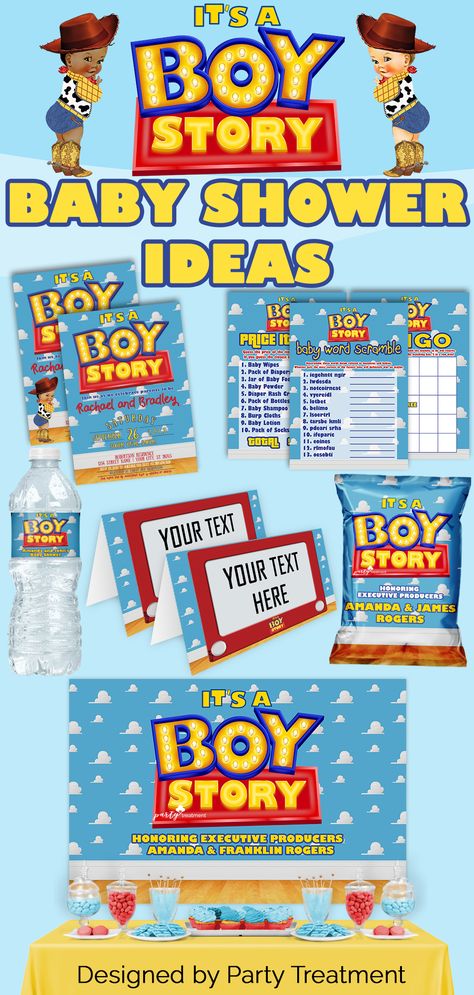 It's a Boy Story baby shower party printables to make your baby shower extra special.  Invitations, baby shower games, water bottle labels, chip bags, backdrop, food tent cards and so much more. Boy Toy Story Baby Shower Theme, Boy Story Baby Shower Candy Table, Baby Shower Games Toy Story, Baby Shower Disney Theme Boy, Toy Story Themed Baby Shower (boy), Toy Story Invitations, Baby Shower Shirts, Toy Story Baby, Toy Story Theme