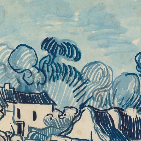 Van Gogh Museum on Instagram: "‘There’s a lot to draw here’, Vincent wrote a day after arriving in Auvers-sur-Oise. 📝 He immediately liked the rural village. The houses, some of them with sloping, thatched roofs, reminded him of his hometown in Brabant (NL). 🏡 Vincent asked his brother Theo to send him twenty sheets of paper: ‘I would need these anyway so as not to waste any time’. In the meantime, he started work on this painting ‘Landscape with Houses' on paper. Van Gogh began by making a sketch, which he then filled in with watercolour and diluted oil paint. He added the light and dark areas to create a sense of depth.   Fun detail 🕵️‍♀️ Van Gogh did not follow the underdrawing precisely, so parts of it are still visible. (2+3)  ‘Landscape with Houses’, 1890  #vangogh #vangoghmuseum Van Gogh Landscapes, Rural Village, Vincent Van Gogh Paintings, Sheets Of Paper, Van Gogh Museum, Van Gogh Paintings, Thatched Roof, Sketchbook Ideas, Painting Landscape