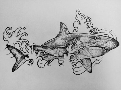 Shark dotwork wave Shark And Wave Tattoo, Shark Doodle, Angelic Symbols, Wave Tattoo, Shark Tattoo, Shark Tattoos, Feminine Tattoo, Waves Tattoo, Feminine Tattoos