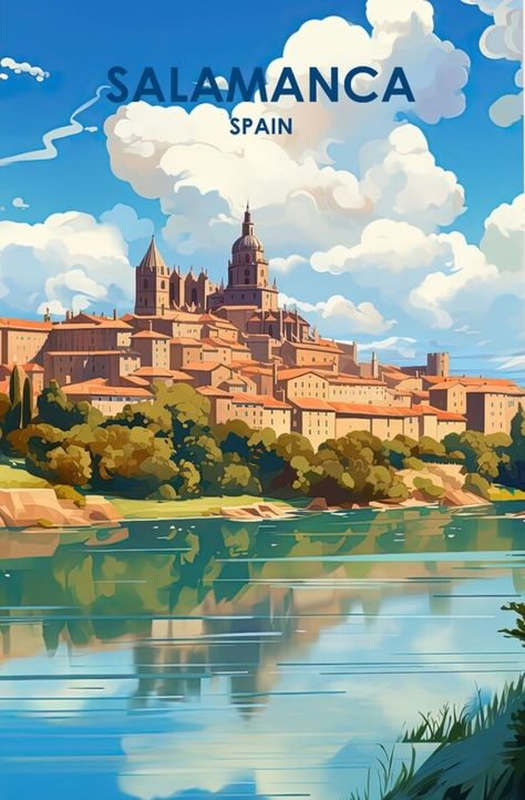 Travel Photo Album, Postal Vintage, Travel Globe, Old Advertisements, Travel Postcard, Retro Travel Poster, Architecture Painting, Travel Illustration, Salamanca