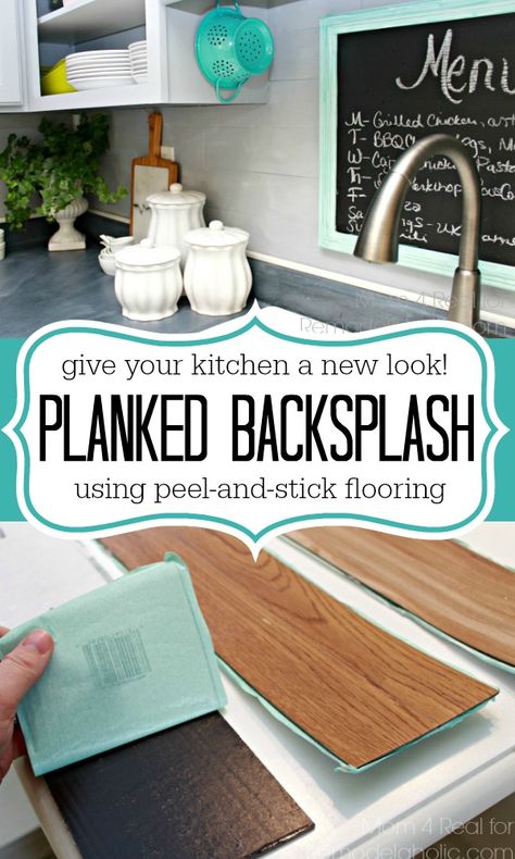 Looking for a unique and easy to install backsplash? Try this Plank Backsplash Using Peel and Stick Flooring Mom 4 Real for Remodelaholic.com #backsplashideas #diy #vinylbacksplash Inexpensive Backsplash Ideas, Peel And Stick Flooring, Kitchen Backsplash Peel And Stick, Diy Kitchen Backsplash, Classy Kitchen, Gold Room, Peel And Stick Floor, Diy Backsplash, Plank Walls