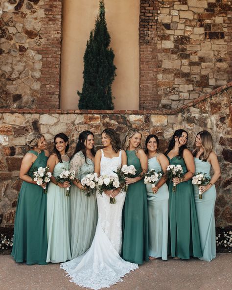 Emerald And Sage Bridesmaid Dresses, Bridesmaid Dresses Green Shades, Bridesmaid Dress Colour Ideas, Bridesmaids Colours, Different Shade Of Green Bridesmaid, Color Guide Bridesmaids Dresses, Bridesmaid Dresses Colour Palette, Shades Of Green Bridesmaids, Summer Green Bridesmaid Dresses