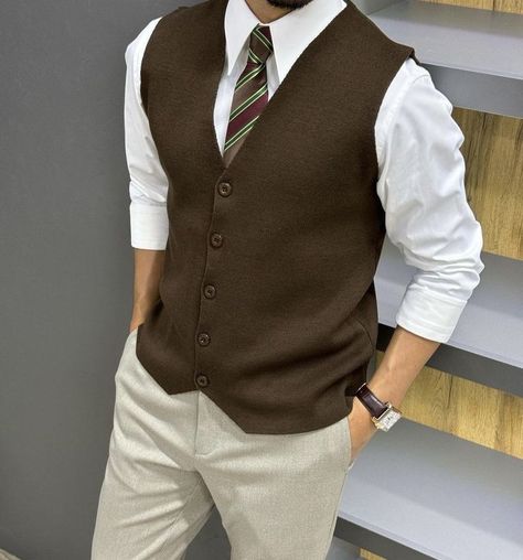 Brown Vest Outfit Men, Brown Vest Outfit, Men Vest Outfits, Earth Tone Outfits, Vest Outfits Men, Brown Vest, Brown Outfit, Formal Suits, Vest Outfits