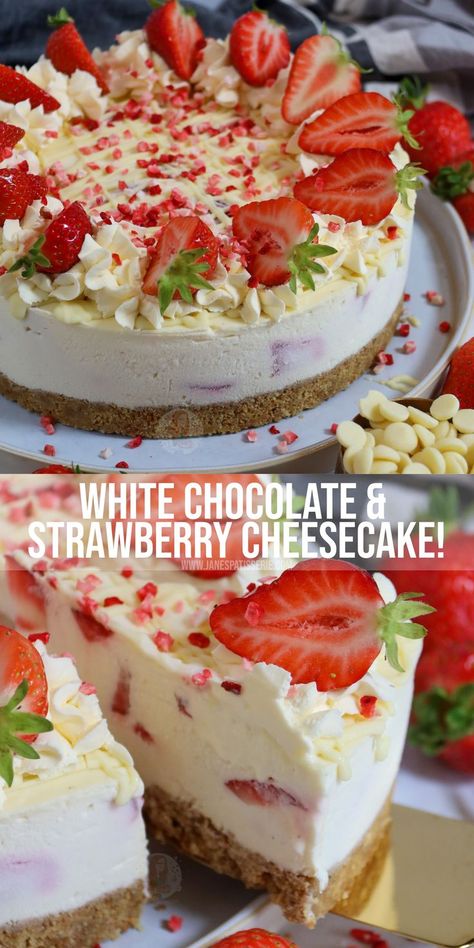 Flavored Cheesecake Recipes, Thanksgiving Cake Ideas, White Chocolate Strawberry Cheesecake, Strawberry Cheesecake No Bake, White Cheesecake, Super Torte, Chocolate Strawberry Cheesecake, Thanksgiving Cake, White Chocolate Raspberry Cheesecake