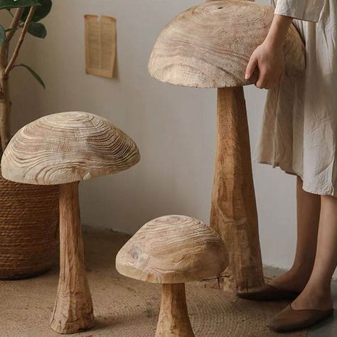 Whimsy Halloween, Vintage Mushroom Decor, Wooden Mushrooms, Giant Mushroom, Wooden Christmas Tree Decorations, Mushroom Crafts, Garden Mushrooms, Style Salon, Into The Wood